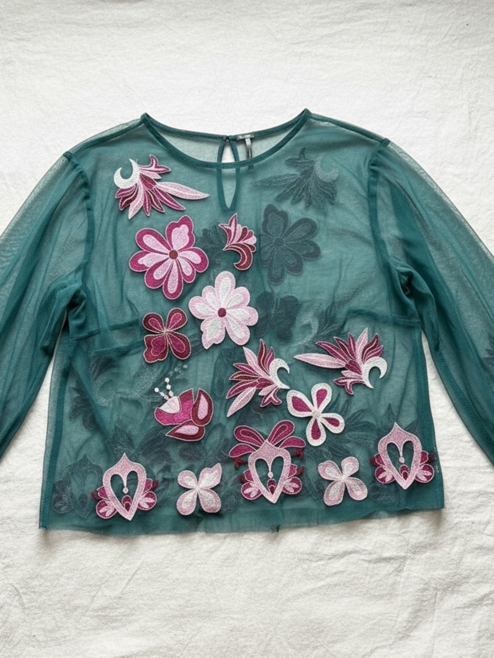 By Anthropologie Teal Embroidered Mesh Top Pink Flowers Metallic Thread XL - Picture 2 of 8